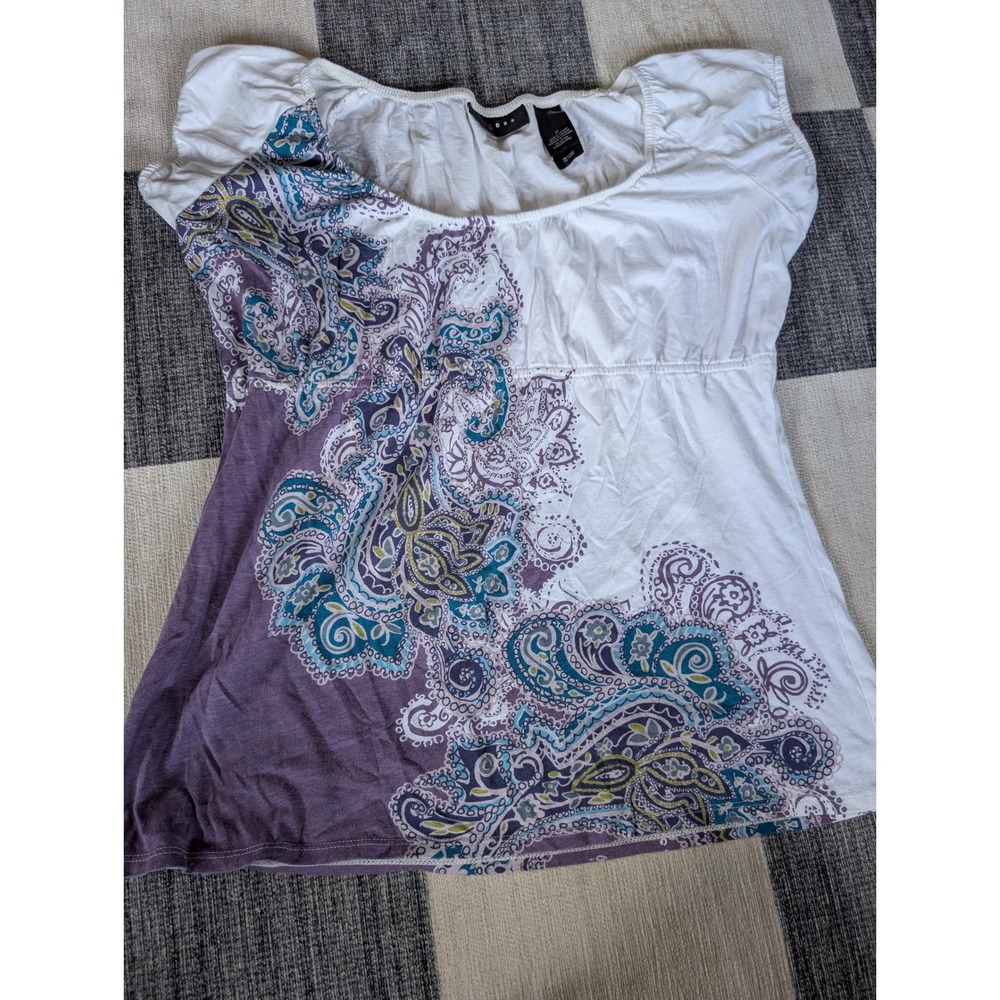 Excess Womens White Purple Paisley Empire Waist Cap Sleeve Cotton Top Size‎ M